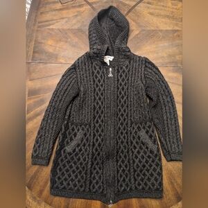 Aran Mór Ireland Hooded Merino Wool Cardigan Sweater Zip Celtic Knit Medium